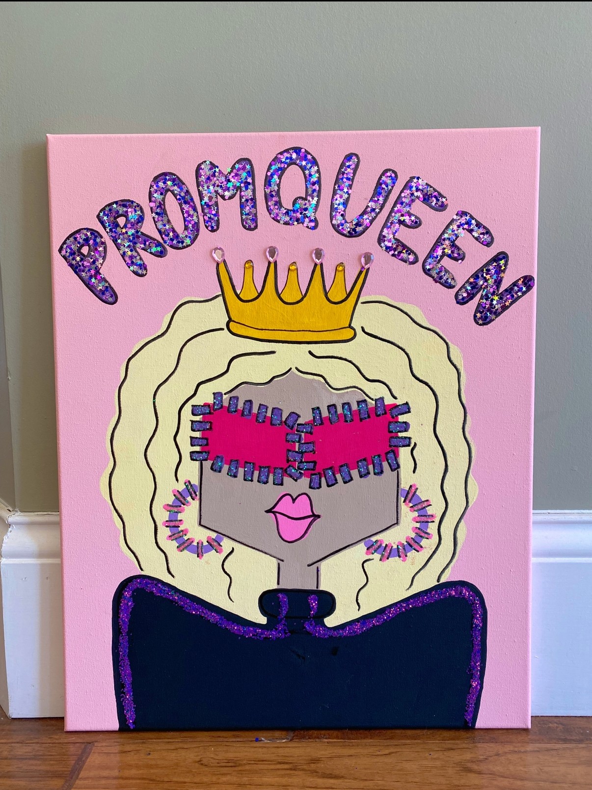 Custom prom queen hand-painted glitter portrait on canvas